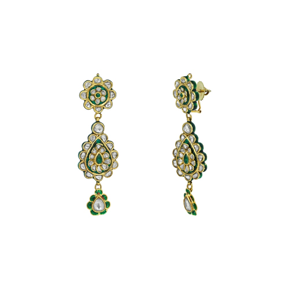 Teardrop Polki Earrings with Green Enamel and Floral Accents